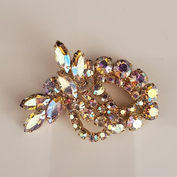 Vintage Statement Brooch Gold Tone with Aurora‎ Borealis Prong Set Stones Bling - Picture 4 of 14